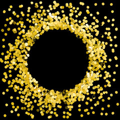 Circle round gold glitter splash with empty center isolated on black background object decoration...
