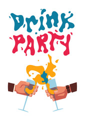 Chin-chin. Clinking glasses with alcohol and toasting, drink party. Cartoon flat vector illustration