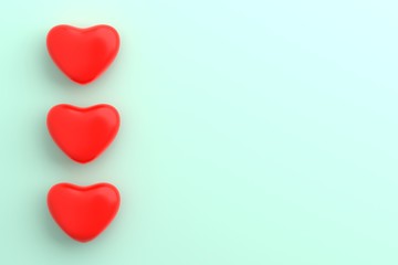 Three red heart on left hand side with free space on mint blue background. valentine love day concept. minimal style concept