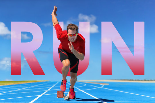 Running inspirational image with the word RUN written in big letters on background for sport and active lifestyle motivation. Man athlete runner running on track. Social media concept.