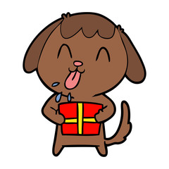 cute cartoon dog with christmas present