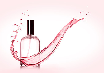 Luxury pink liquid  perfume bottle with splashes
