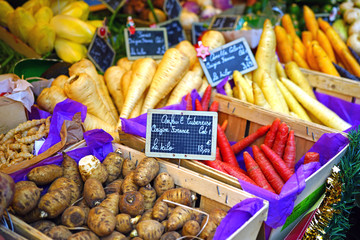 Colorful fresh winter root vegetable at a French farmers market