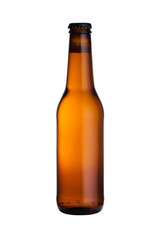 Brown glass beer bottle with black cap isolated