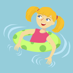 A cute little girl swim by holding on float in swimming pool.