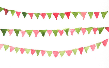 Colorful bunting flags on white background, watercolor hand painted on paper
