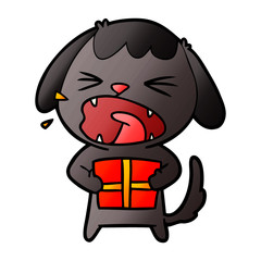 cute cartoon dog with christmas present