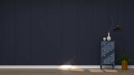 cabinet in front of dark blue wall on wooden floor 3d rendering modern mid century room interior white lamp in vintage empty home living room interior design