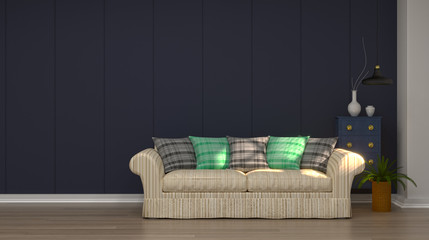 White sofa with cabinet in front of  dark blue wall on wooden floor 3d rendering modern mid century room interior white lamp and sideboard in vintage empty home living room interior design