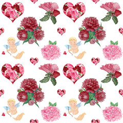 Watercolor Valentines Day pattern with Cupid ,heart and flowers