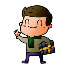 cartoon friendly man with xmas gift