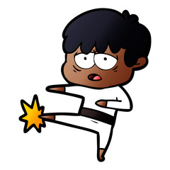 cartoon exhausted boy doing karate