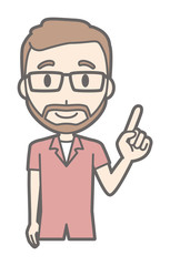 A man who wears eyeglasses and has a beard points to a finger