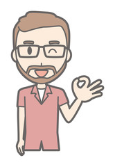 A man who wears glasses and has a mustache signs an okayin