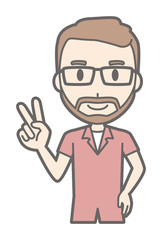 A man who wears eyeglasses and has a beard has a peace sign