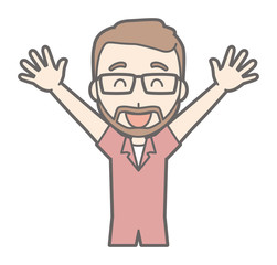 A man raising his beard with glasses raising his hands