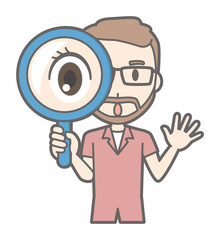 A man with a pair of glasses and a beard has a magnifying glass