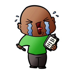 cartoon crying man with clipboard