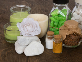 Obraz na płótnie Canvas set ingredients and spice for aromatherapy and body care on wooden surface. SPA still life