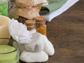 set ingredients and spice for aromatherapy and body care on wooden surface. SPA still life