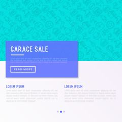 Obraz premium Garage sale concept with thin line icons: signboard, globe, telescope,guitar, rollers, armchair, toolbox, soccer ball. Modern vector illustration for banner, print media, web page.