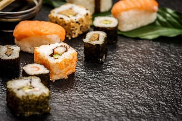 Sushi rolls hosomaki and uramaki