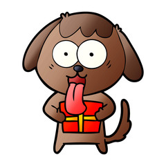 cute cartoon dog with christmas present
