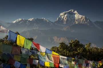 Bhuddism flags with Dhaulagiri peak in background at sunset in Himalaya Mountain, Nepal.