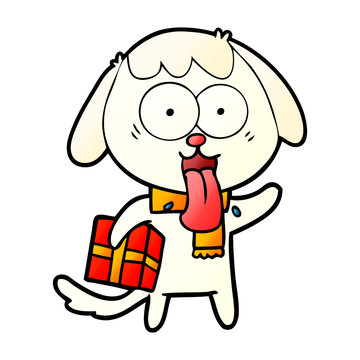 cute cartoon dog with christmas present