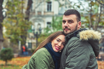 Young romantic couple in the city . A couple in love