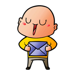 happy cartoon bald man with package