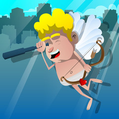 Cupid looking for opportunity through a telescope, with bow and arrow in the other hand. Vector cartoon character illustration.