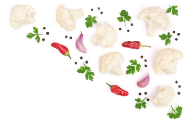 Piece of cauliflower with parsley garlic and peppercorns isolated on white background with copy space for your text