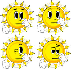 Cartoon sun zipping his mouth. Collection with surprised faces. Expressions vector set.