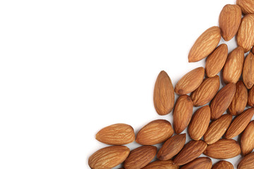 almonds isolated on white background with copy space for your text. Top view. Flat lay