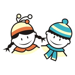 Girl and boy at winter wear. Vector icon.