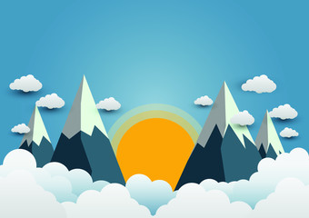 Beautiful suns and mountains with a variety of clouds.paper art