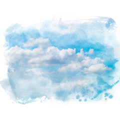 Blue sky with white cloud. Artistic natural abstract background. Watercolor painting (retouch).
