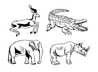 Hand-drawn pencil graphics, african animals set. 
