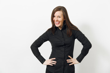 Beautiful fun happy caucasian young smiling brown-hair business woman in black classic shirt and skirt looking camera isolated on white background. Manager or worker. Copy space for advertisement.