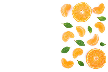 slices of tangerine with leaves isolated on white background with copy space for your text. Flat lay, top view.