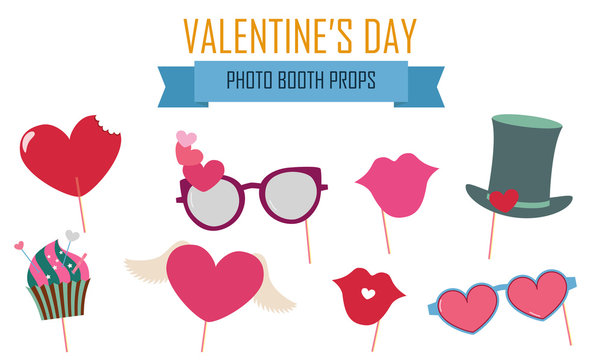 Happy Valentines day photo booth props icon set vector illustration