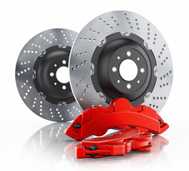 Car brake disc and red caliper isolated on white background. 3D illustration - obrazy, fototapety, plakaty