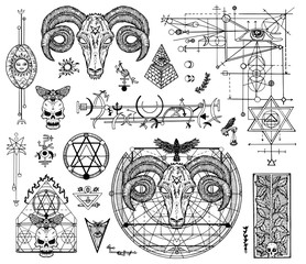 Design set with graphic drawings of mystic and religions and devil symbols. Freemasonry and secret societies emblems, occult and spiritual mystic drawings. Tattoo design, new world order. 