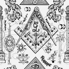 Seamless background with mason and mysterious symbols. Freemasonry and secret societies emblems, occult and spiritual mystic drawings. Tattoo design, new world order. 