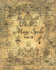 Fototapeta premium Design cover of magic spells book with mystic symbols. Freemasonry and secret societies emblems, occult and spiritual mystic drawings. Tattoo design, new world order. 