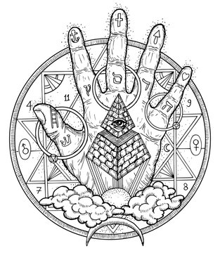 Graphic illustration with hand palm and mystic symbols. Freemasonry and secret societies emblems, occult and spiritual mystic drawings. Tattoo design, new world order. 