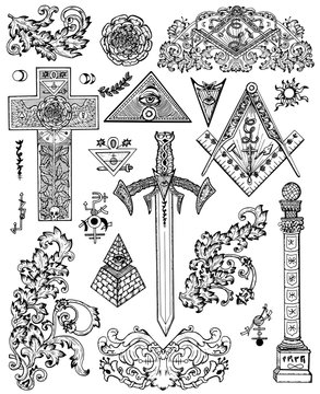 Design set with graphic drawings of mystic, religious and fantasy symbols. Freemasonry and secret societies emblems, occult and spiritual mystic drawings. Tattoo design, new world order. 