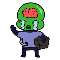 cartoon big brain alien crying and waving goodbye