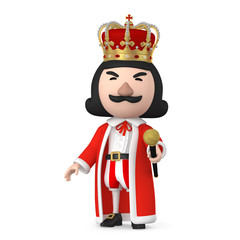 King wearing crown stand on the white background with Cane, 3D Illustration